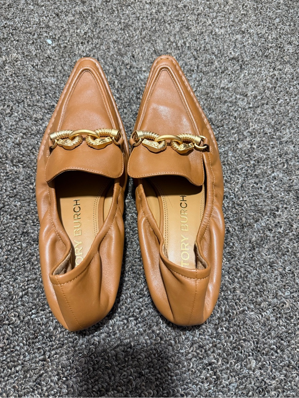 Tory Burch Cognac Leather Chain-Trim Pointed Loafers